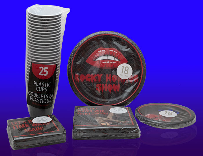 Rocky Horror Plates, Napkins and Cups in their packaging